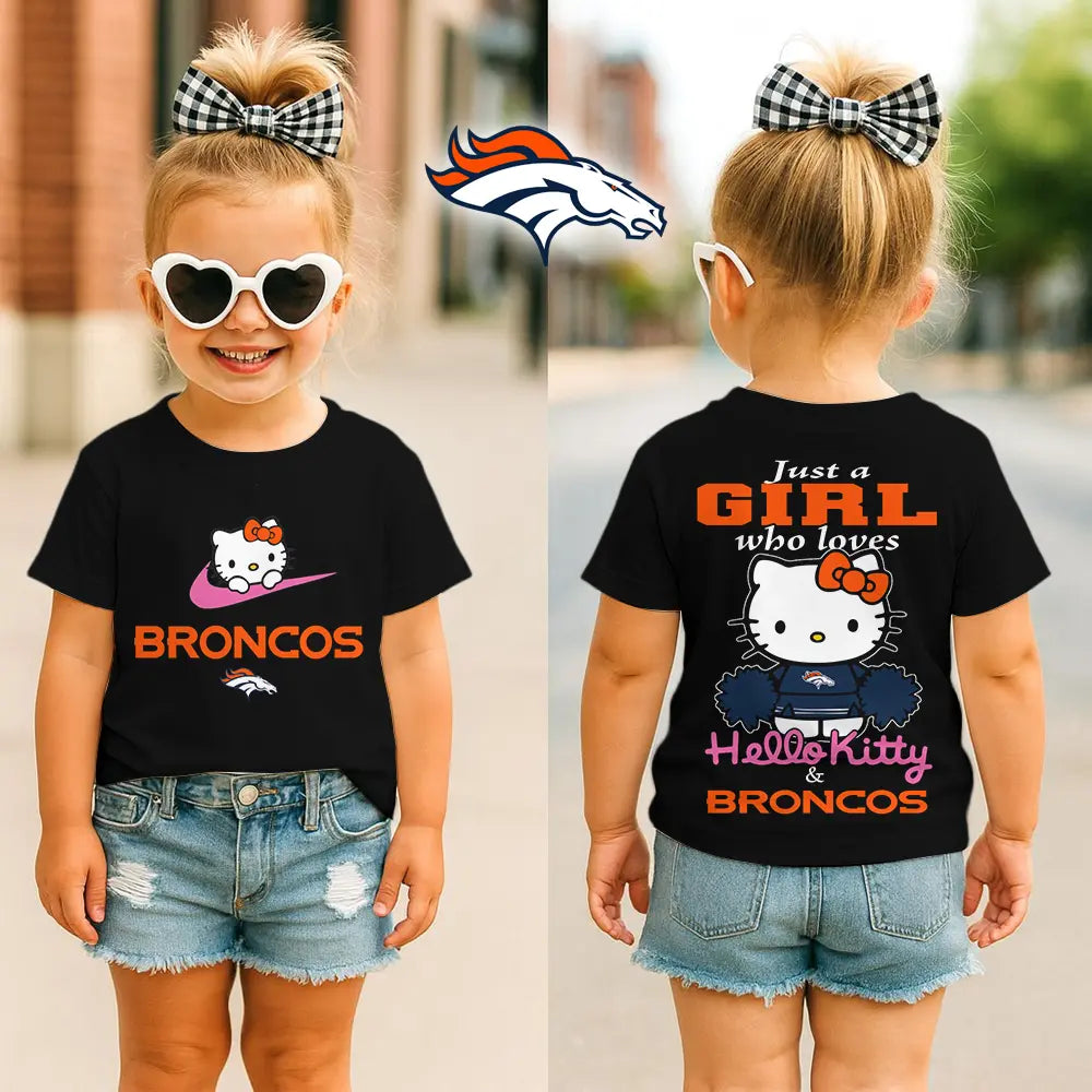 Denver Broncos | Premium NFL Football Girl Hello Kitty Fan Kid Shirt HI – HuddleStyle.com - Main