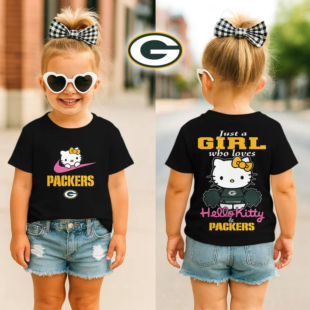 Green Bay Packers | Premium NFL Football Girl Hello Kitty Fan Kid Shirt HI – HuddleStyle.com - Image 3