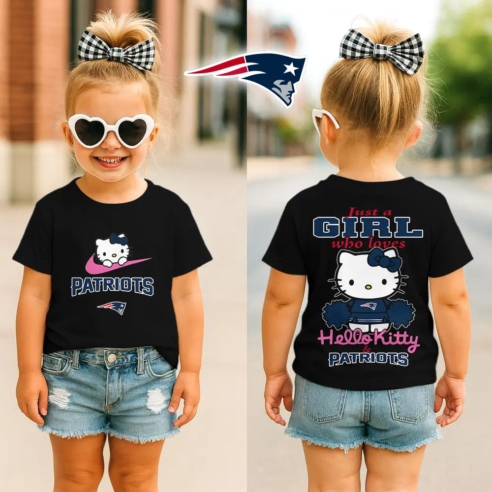 New England Patriots | Premium NFL Football Girl Hello Kitty Fan Kid Shirt HI – HuddleStyle.com - Image 3