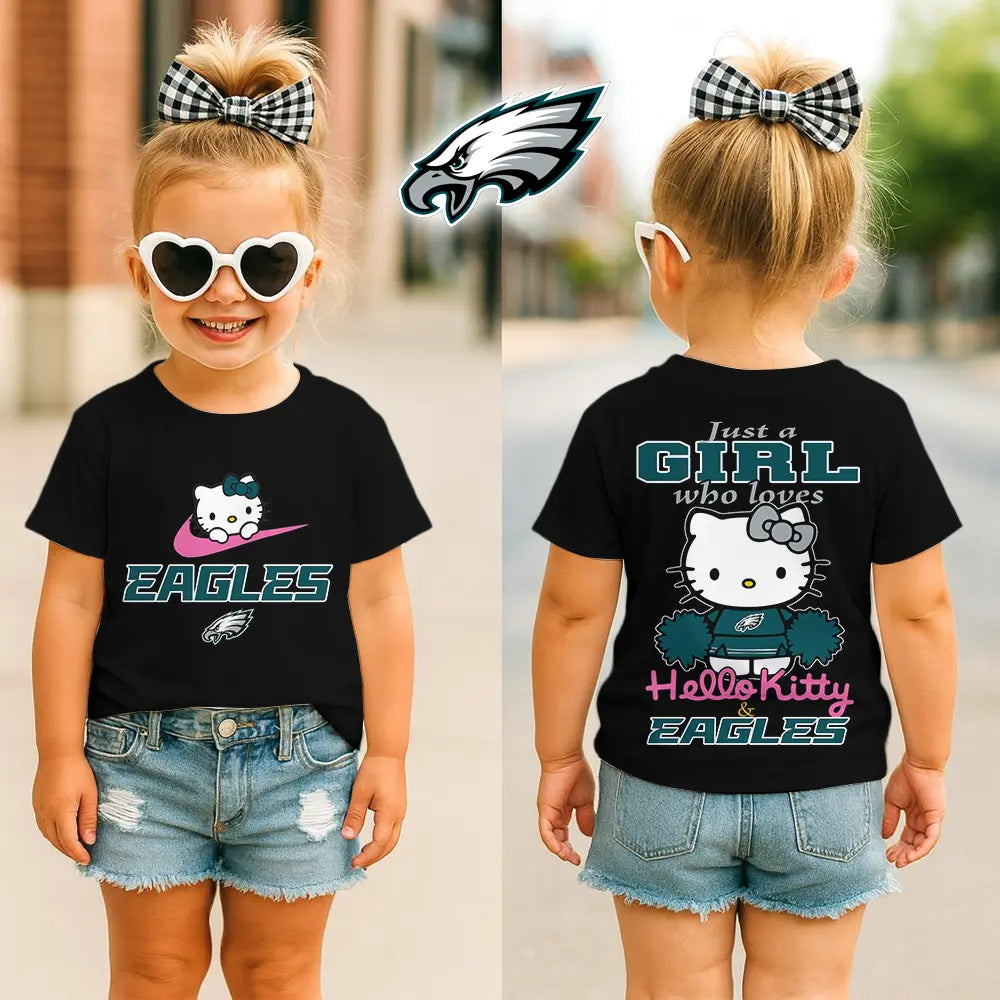 Philadelphia Eagles | Premium NFL Football Girl Hello Kitty Fan Kid Shirt HI – HuddleStyle.com - Image 2