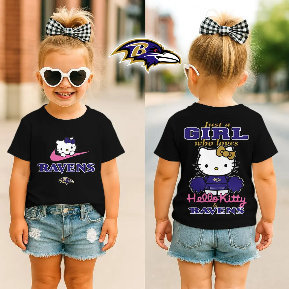 Baltimore Ravens | Premium NFL Football Girl Hello Kitty Fan Kid Shirt HI – HuddleStyle.com - Image 2