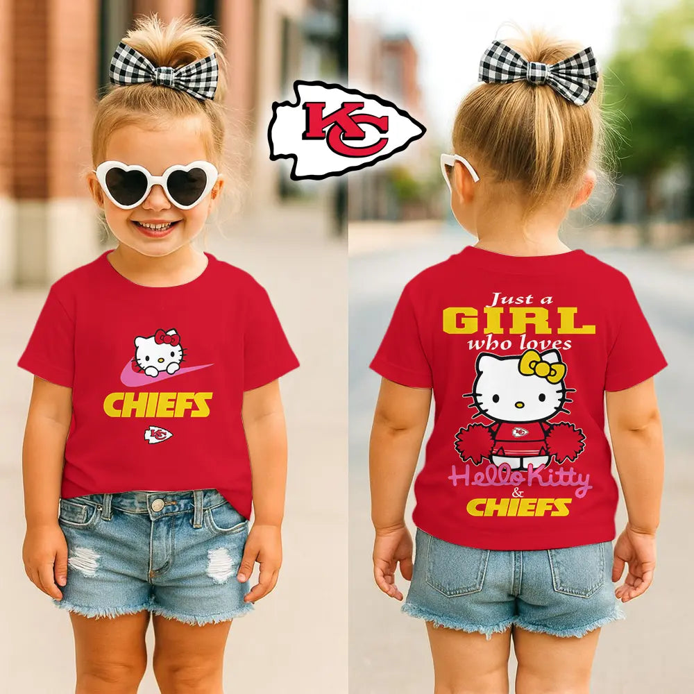 Kansas City Chiefs | Premium NFL Football Girl Hello Kitty Fan Kid Shirt HI – HuddleStyle.com - Image 3