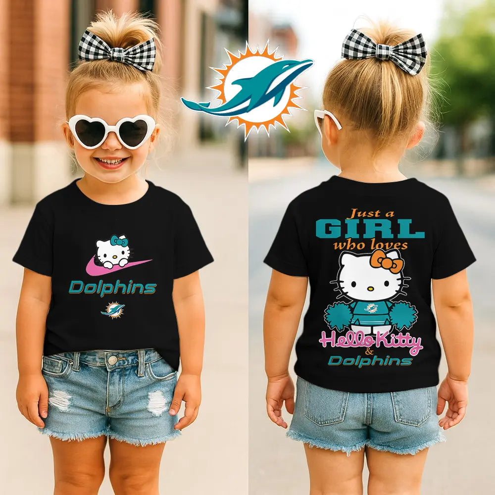 Miami Dolphins | Premium NFL Football Girl Hello Kitty Fan Kid Shirt HI – HuddleStyle.com - Image 3