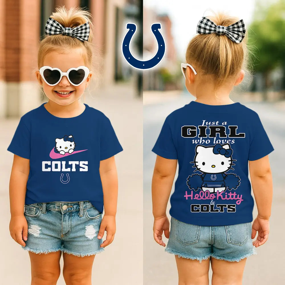Indianapolis Colts | Premium NFL Football Girl Hello Kitty Fan Kid Shirt HI – HuddleStyle.com - Image 3