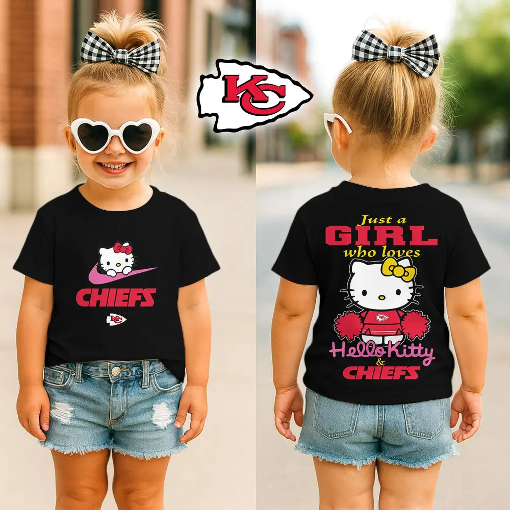Kansas City Chiefs | Premium NFL Football Girl Hello Kitty Fan Kid Shirt HI – HuddleStyle.com - Image 2