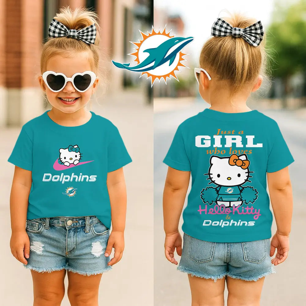 Miami Dolphins | Premium NFL Football Girl Hello Kitty Fan Kid Shirt HI – HuddleStyle.com - Image 2
