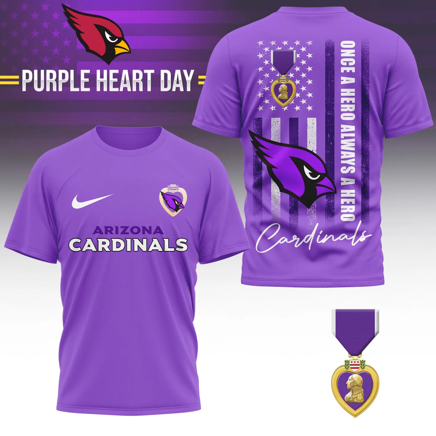 Arizona Cardinals | Premium NFL Premium National Purple Heart Day 3D Shirt HI – HuddleStyle.com - Main