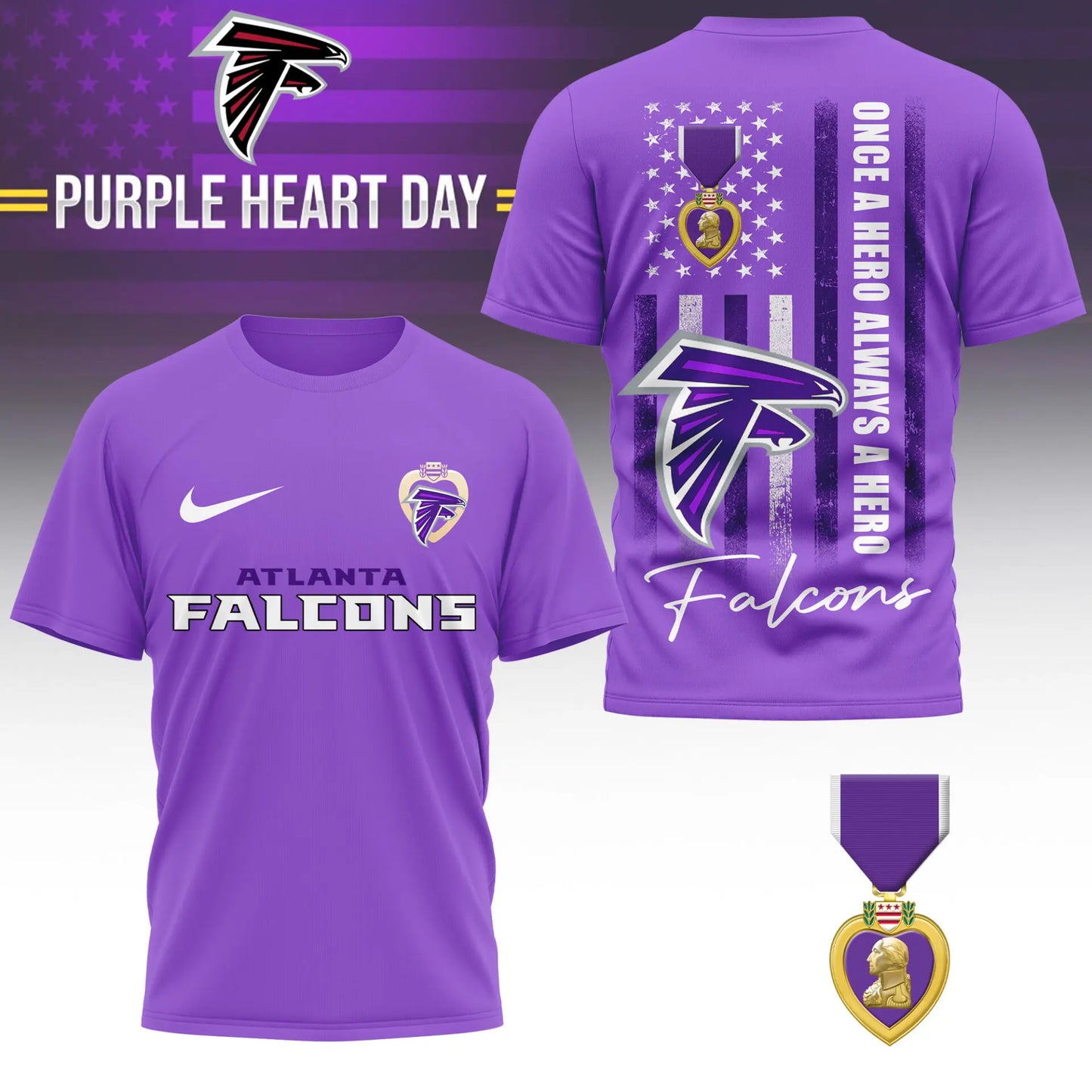 Atlanta Falcons | Premium NFL Premium National Purple Heart Day 3D Shirt HI – HuddleStyle.com - Image 2