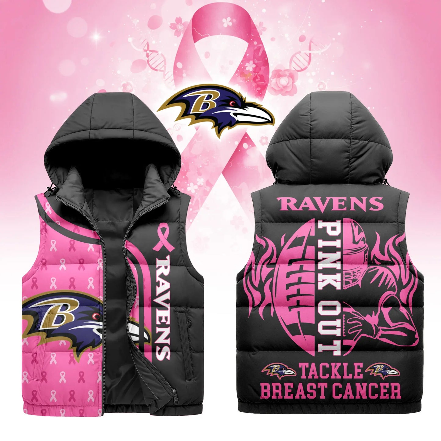 Baltimore Ravens | Premium NFL Pink Out Hooded Vest Puffer – HuddleStyle.com - Main