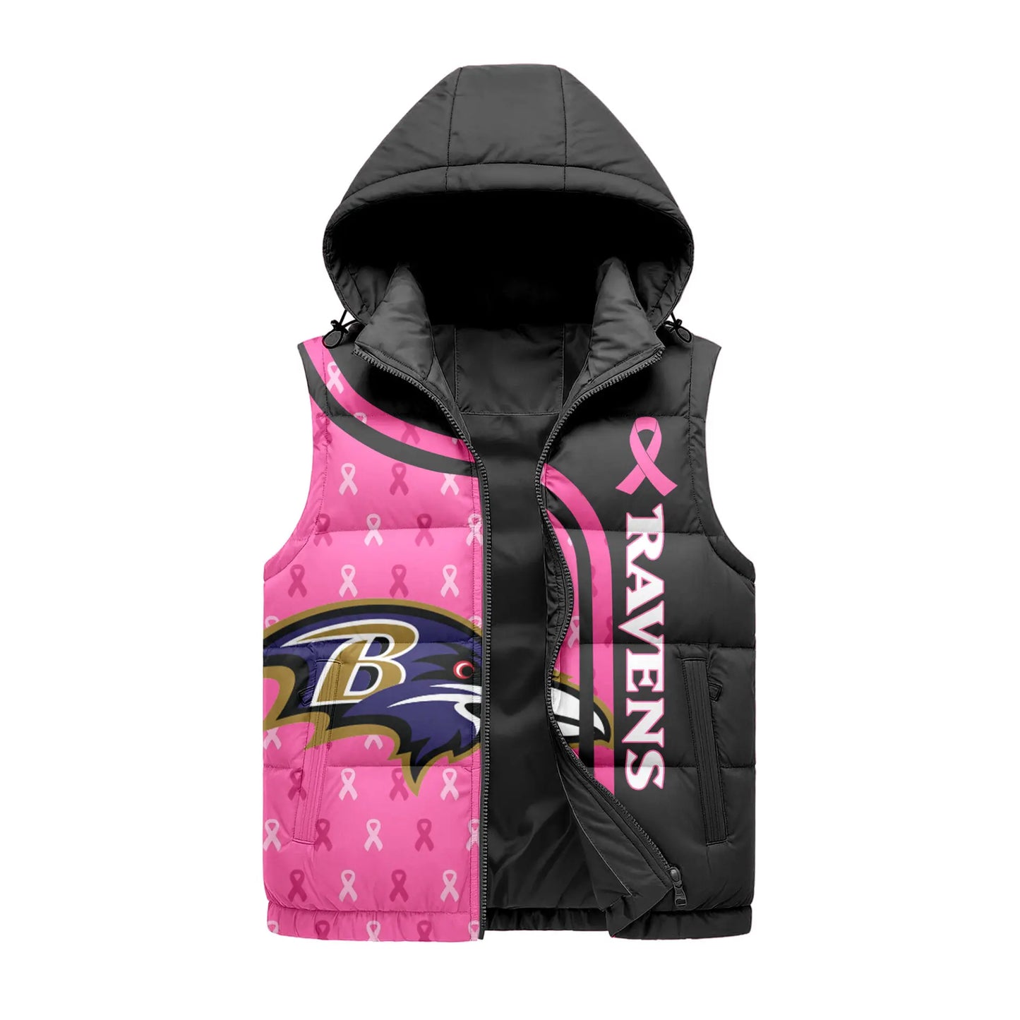 Baltimore Ravens | Premium NFL Pink Out Hooded Vest Puffer – HuddleStyle.com - Image 3