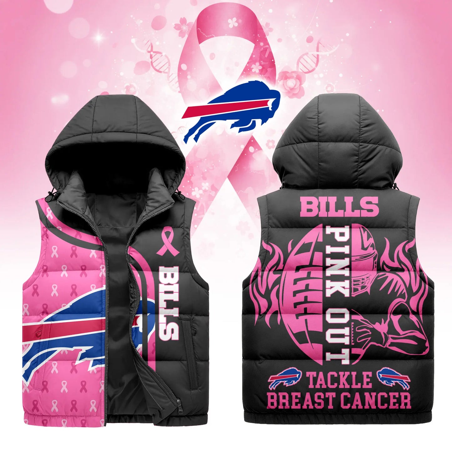Buffalo Bills | Premium NFL Pink Out Hooded Vest Puffer – HuddleStyle.com - Main