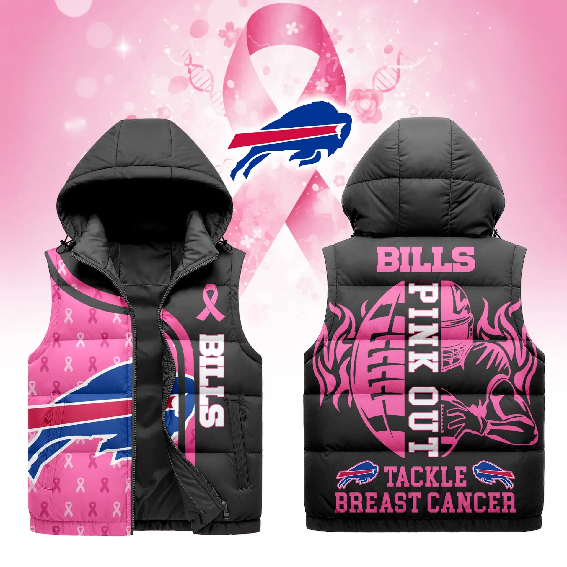 Buffalo Bills | Premium NFL Pink Out Hooded Vest Puffer – HuddleStyle.com - Main