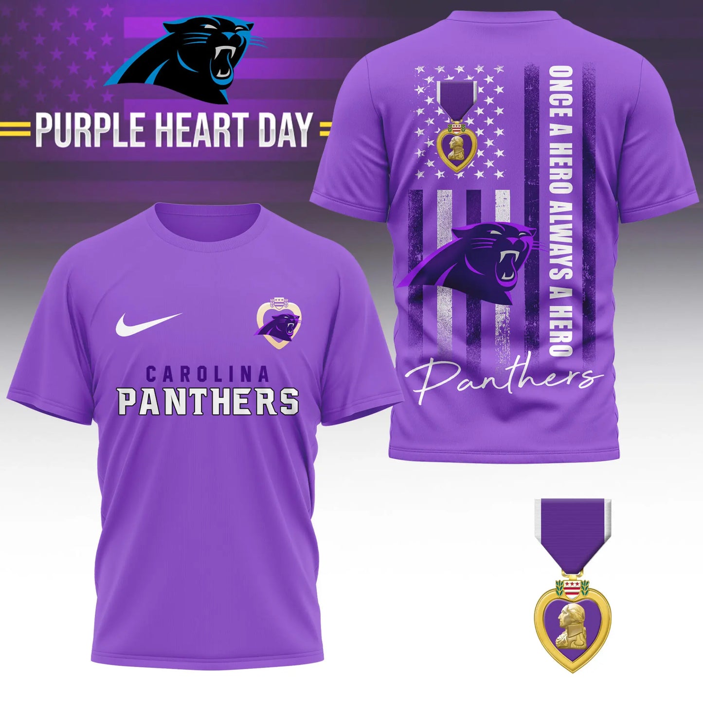Carolina Panthers | Premium NFL Premium National Purple Heart Day 3D Shirt HI – HuddleStyle.com - Image 3