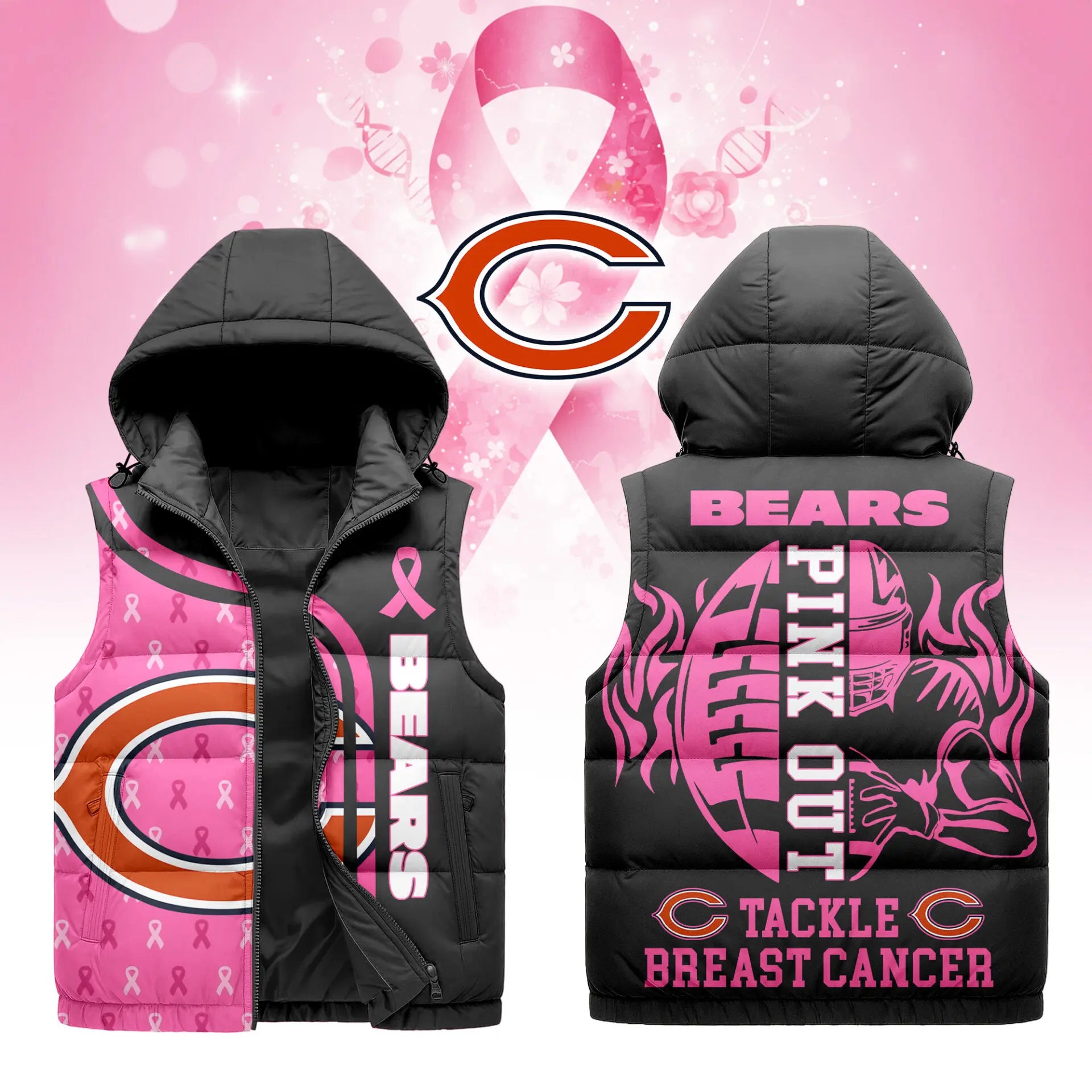 Chicago Bears | Premium NFL Pink Out Hooded Vest Puffer – HuddleStyle.com - Main