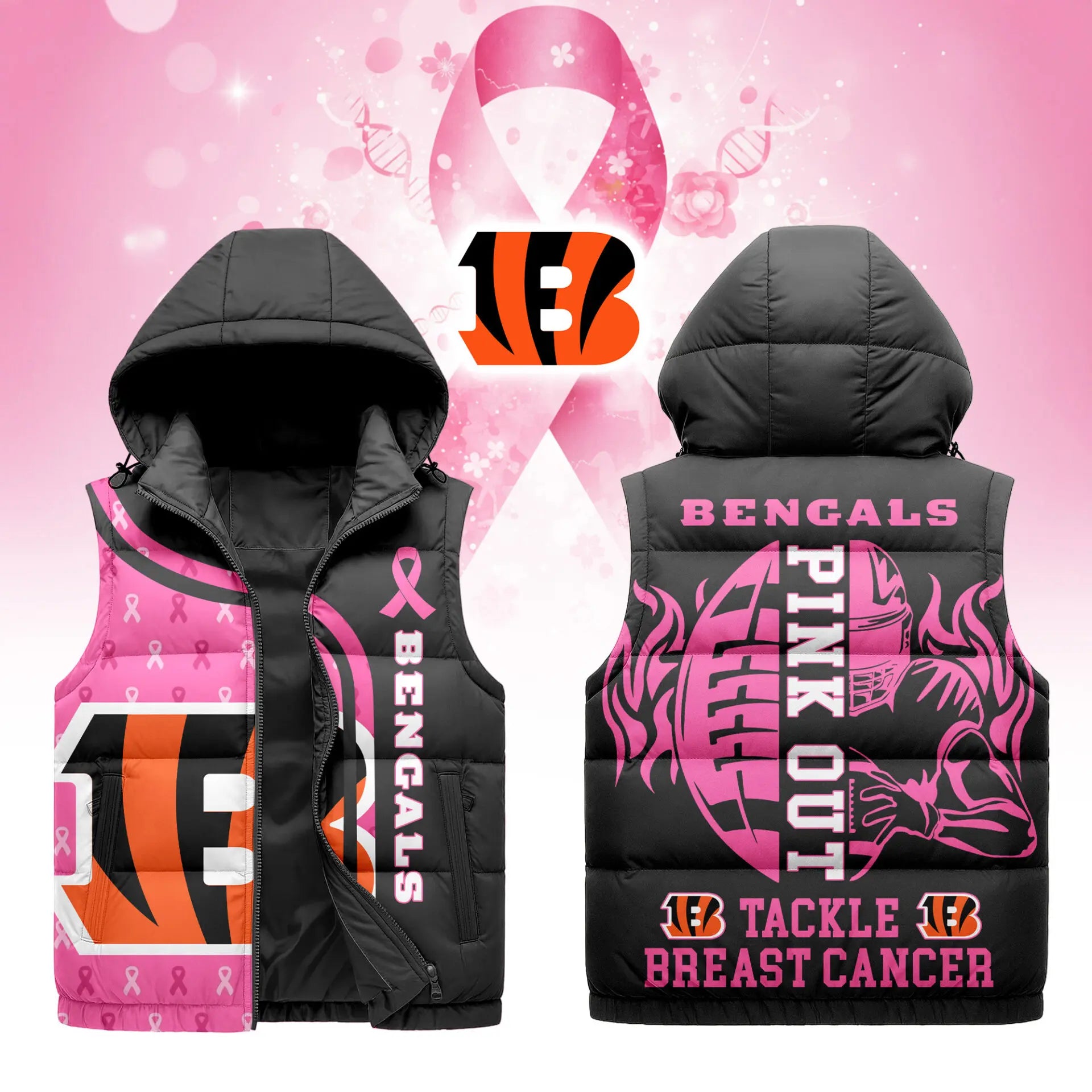 Cincinnati Bengals | Premium NFL Pink Out Hooded Vest Puffer – HuddleStyle.com - Main