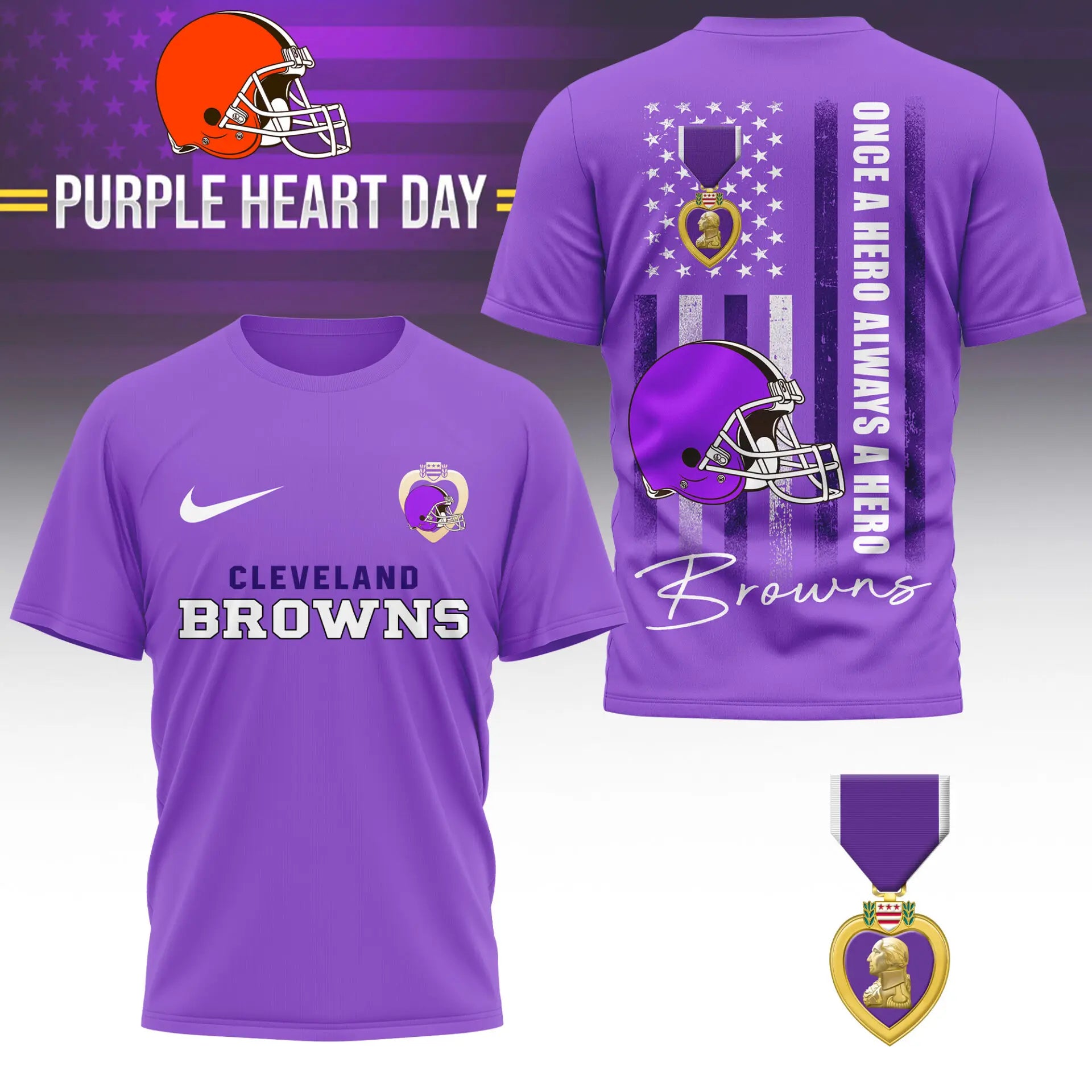 Cleveland Browns | Premium NFL Premium National Purple Heart Day 3D Shirt HI – HuddleStyle.com - Image 3