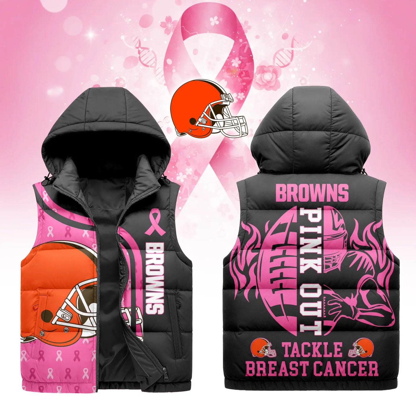 Cleveland Browns | Premium NFL Pink Out Hooded Vest Puffer – HuddleStyle.com - Main