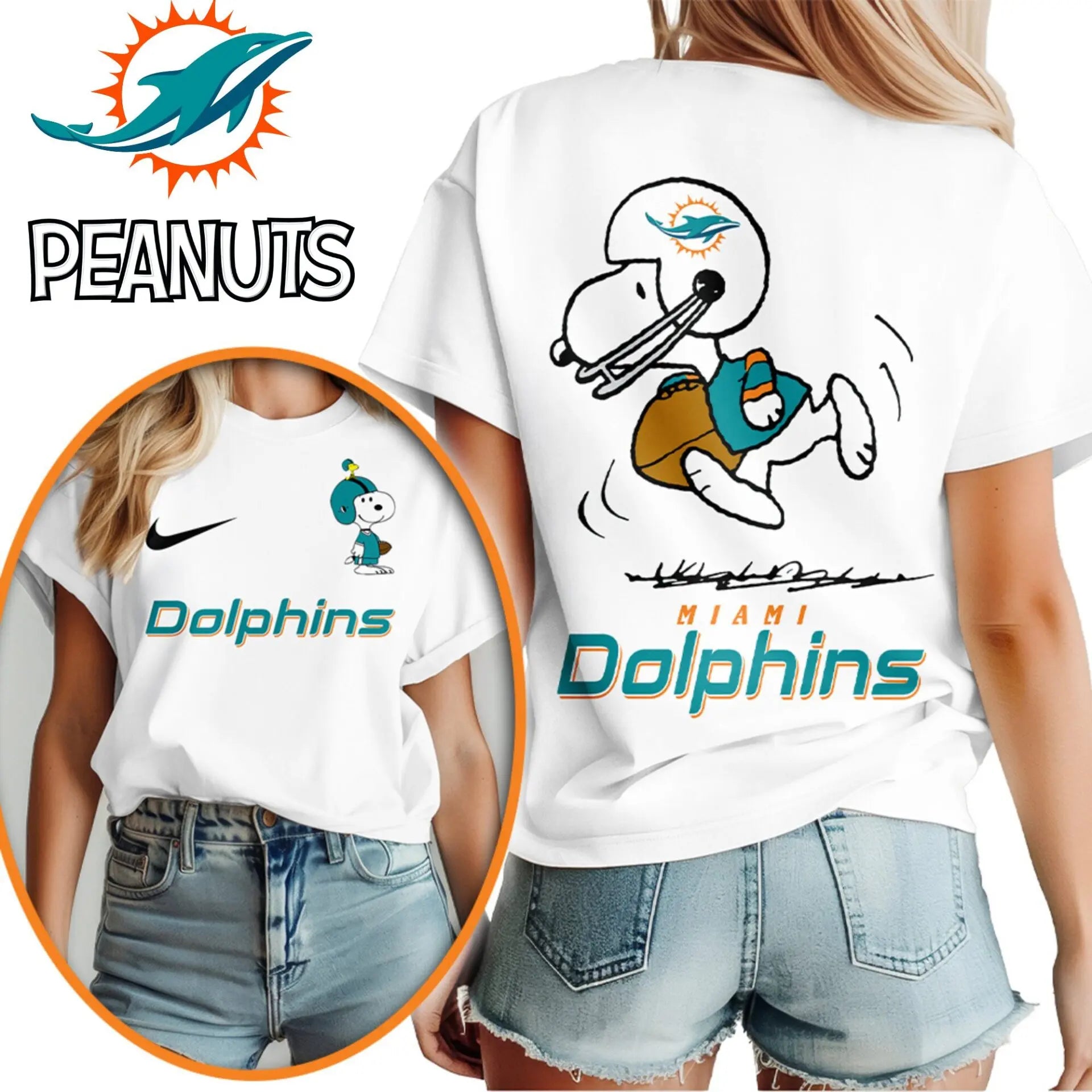 Miami Dolphins | Premium NFL x Peanuts 3D Shirt HI – HuddleStyle.com - Main