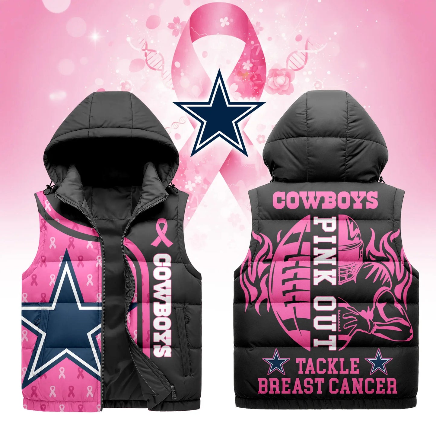 Dallas Cowboys | Premium NFL Pink Out Hooded Vest Puffer – HuddleStyle.com - Main