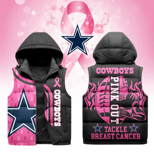 Dallas Cowboys | Premium NFL Pink Out Hooded Vest Puffer – HuddleStyle.com - Main