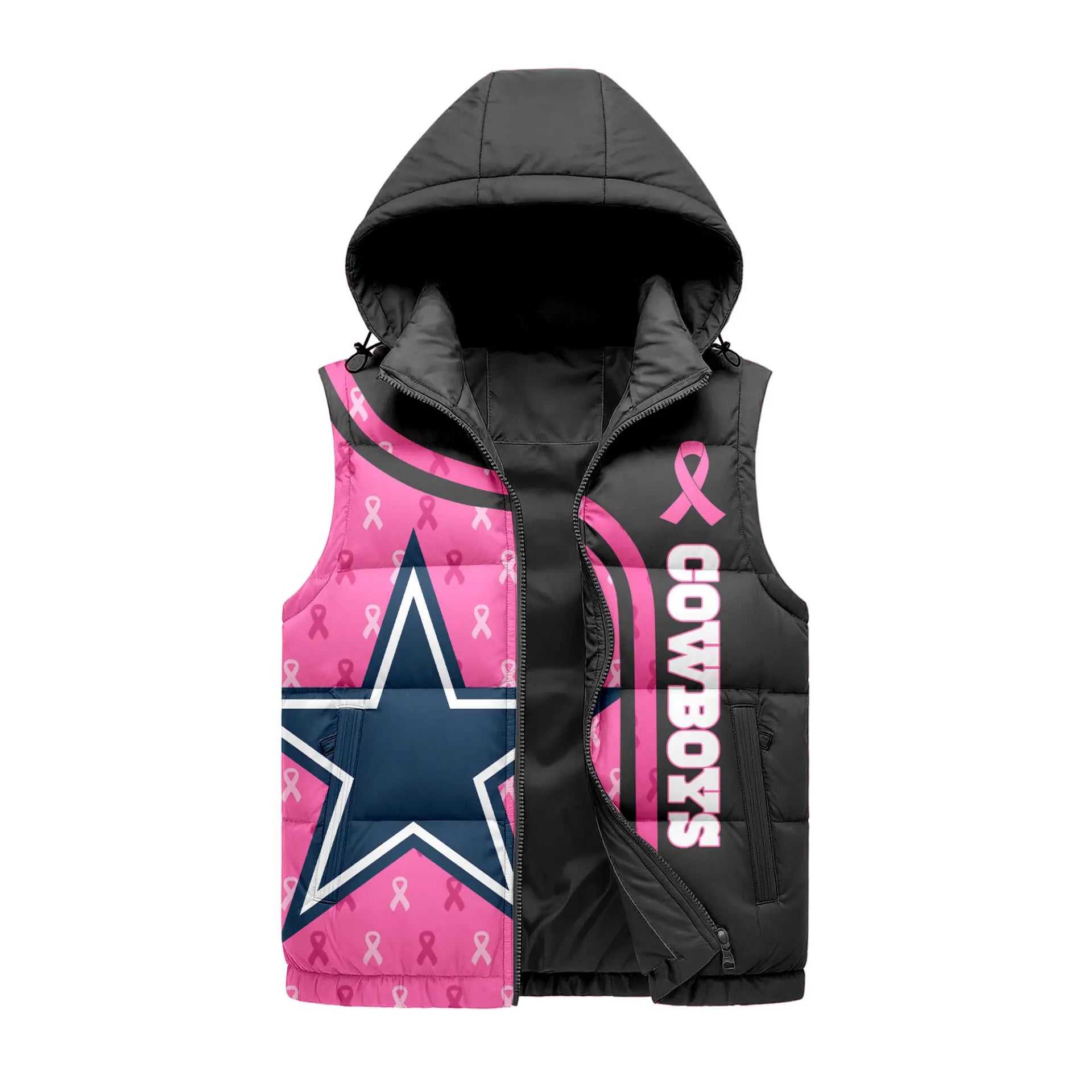 Dallas Cowboys | Premium NFL Pink Out Hooded Vest Puffer – HuddleStyle.com - Image 2