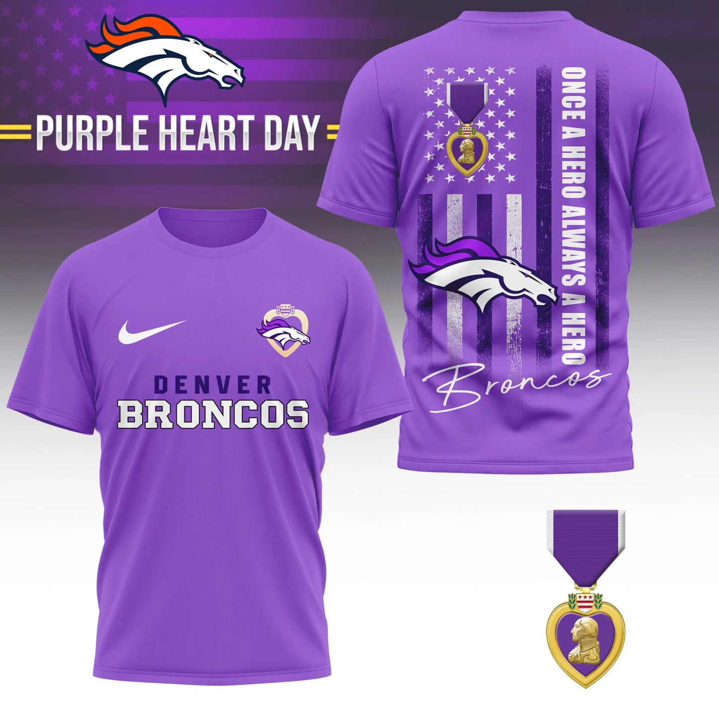 Denver Broncos | Premium NFL Premium National Purple Heart Day 3D Shirt HI – HuddleStyle.com - Image 3
