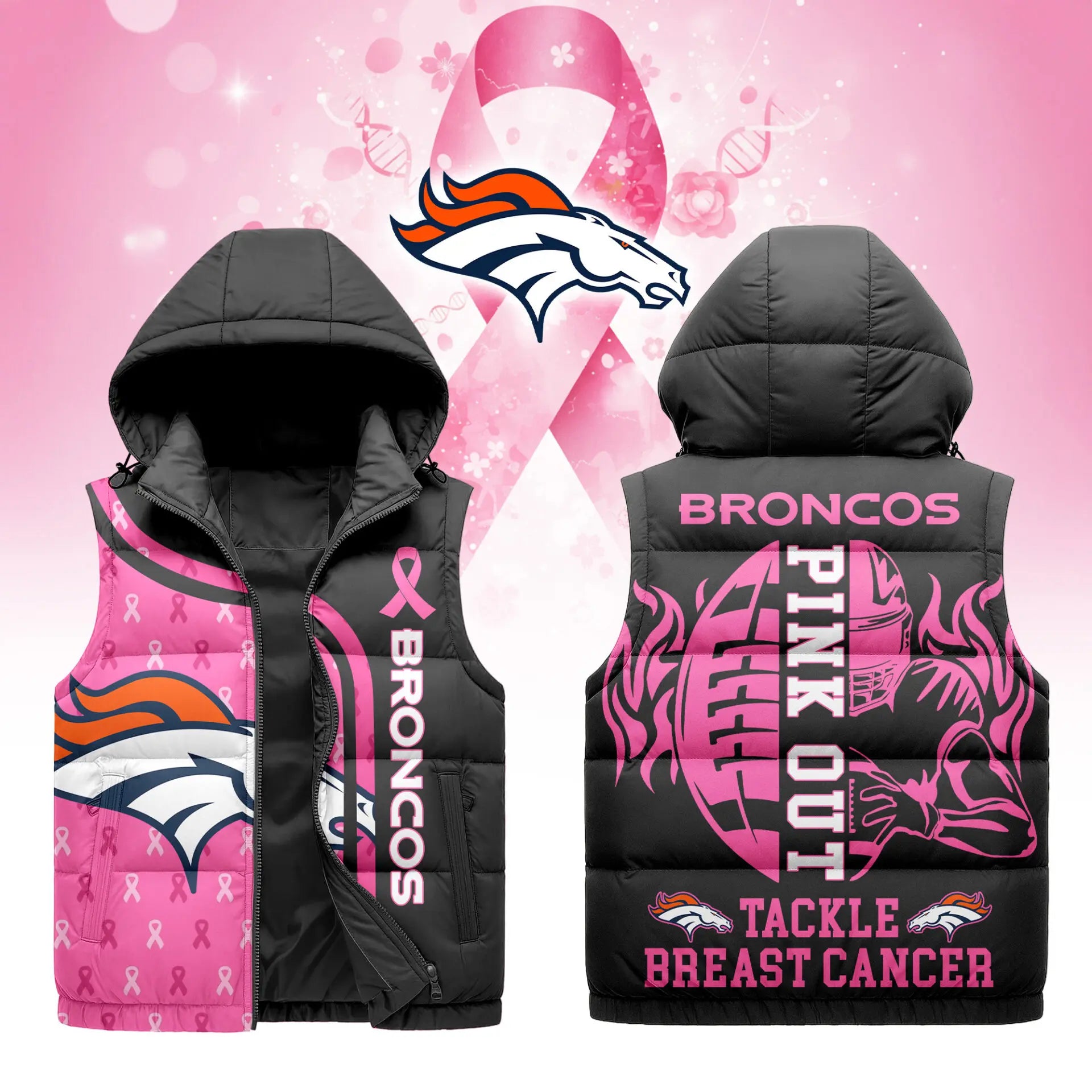 Denver Broncos | Premium NFL Pink Out Hooded Vest Puffer – HuddleStyle.com - Main