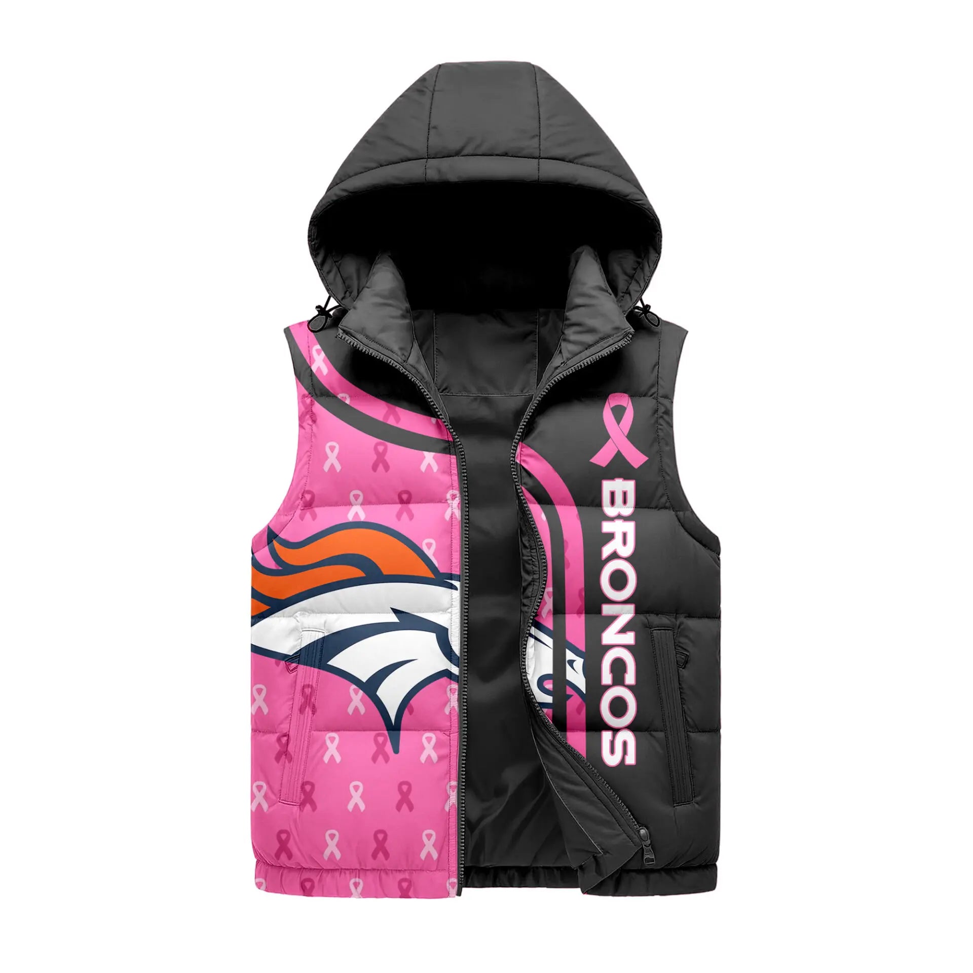 Denver Broncos | Premium NFL Pink Out Hooded Vest Puffer – HuddleStyle.com - Image 2