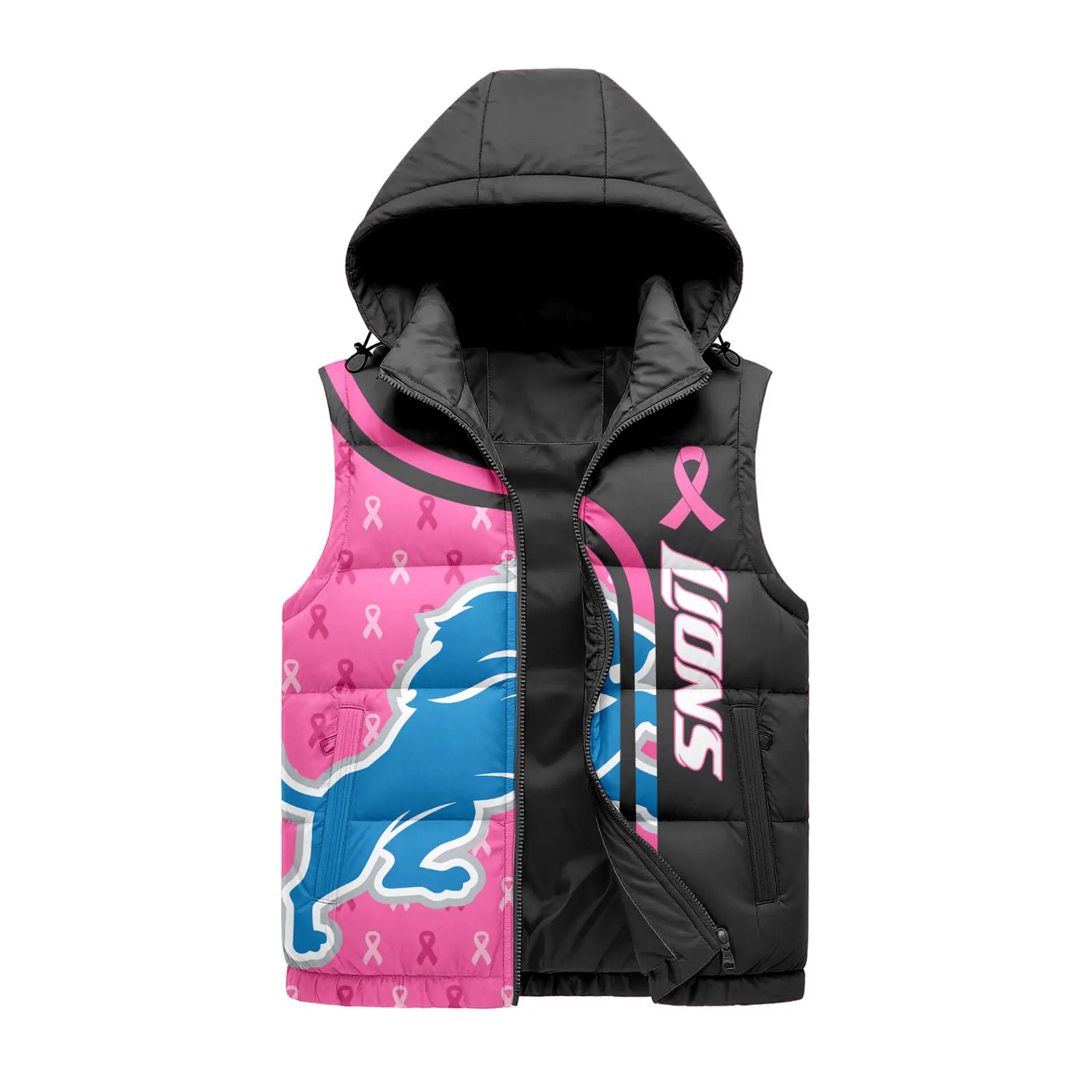 Detroit Lions | Premium NFL Pink Out Hooded Vest Puffer – HuddleStyle.com - Image 2
