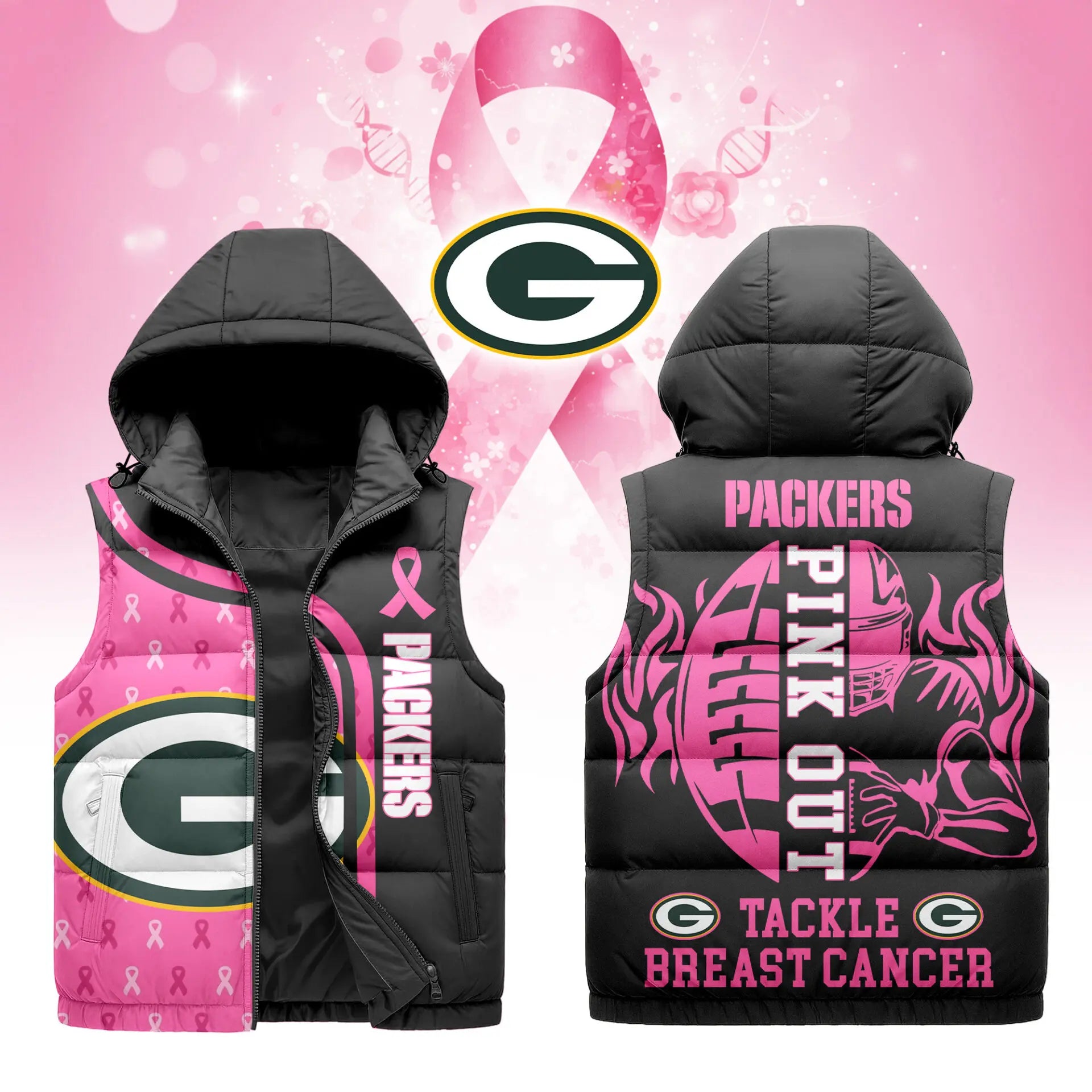 Green Bay Packers | Premium NFL Pink Out Hooded Vest Puffer – HuddleStyle.com - Main