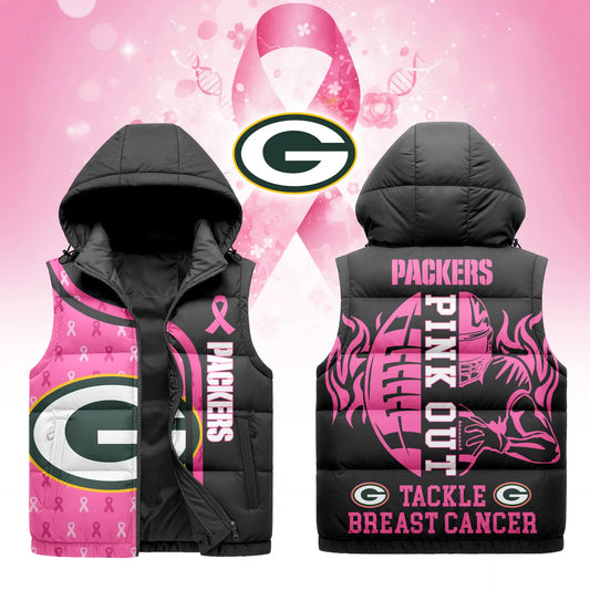 Green Bay Packers | Premium NFL Pink Out Hooded Vest Puffer – HuddleStyle.com - Main