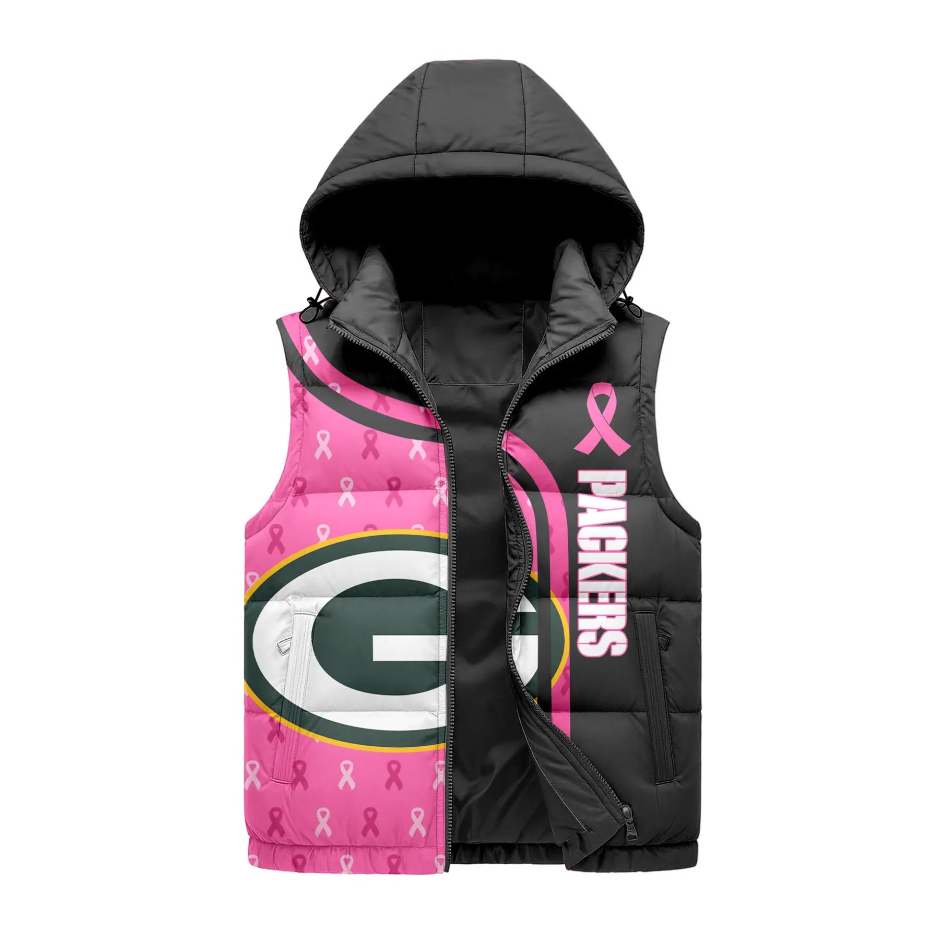 Green Bay Packers | Premium NFL Pink Out Hooded Vest Puffer – HuddleStyle.com - Image 3