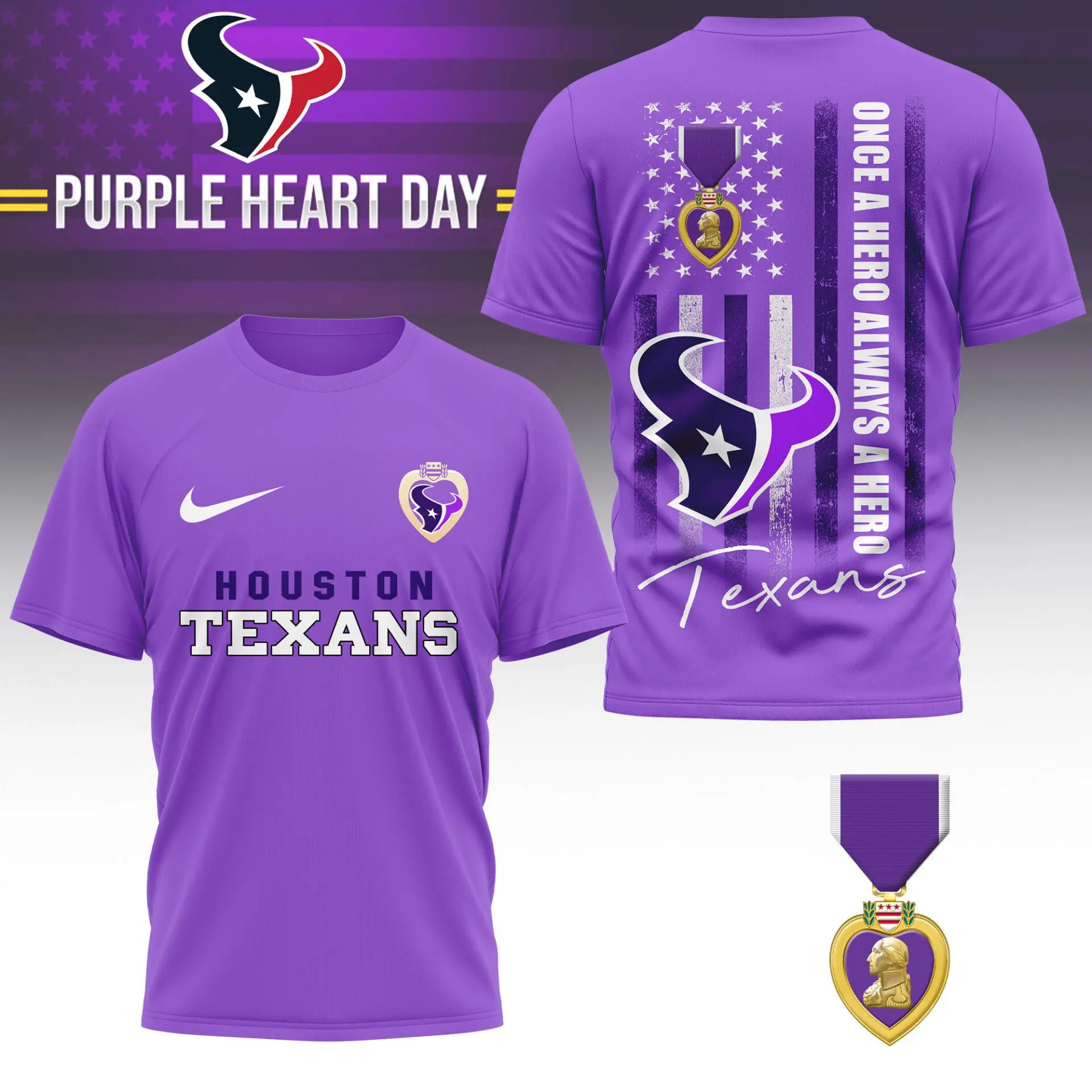 Houston Texans | Premium NFL Premium National Purple Heart Day 3D Shirt HI – HuddleStyle.com - Image 2