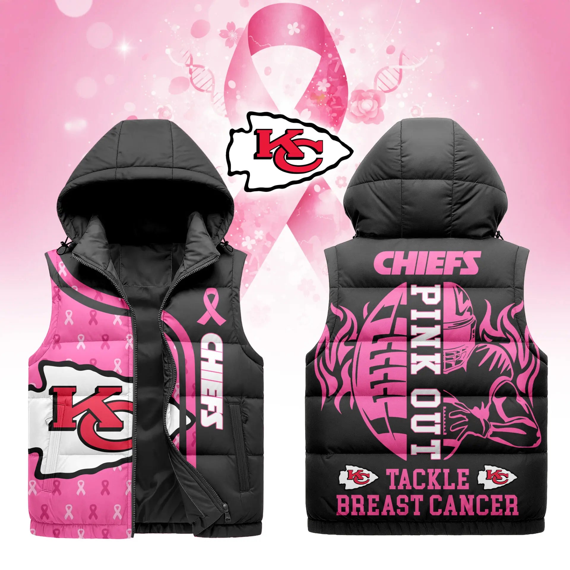Kansas City Chiefs | Premium NFL Pink Out Hooded Vest Puffer x – HuddleStyle.com - Main