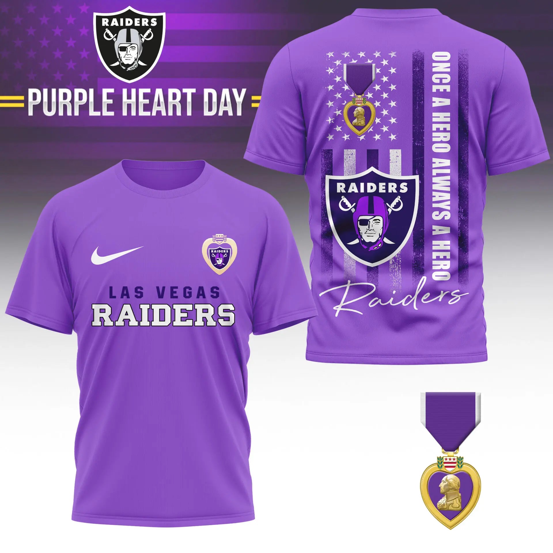 Las Vegas Raiders | Premium NFL Premium National Purple Heart Day 3D Shirt HI – HuddleStyle.com - Main