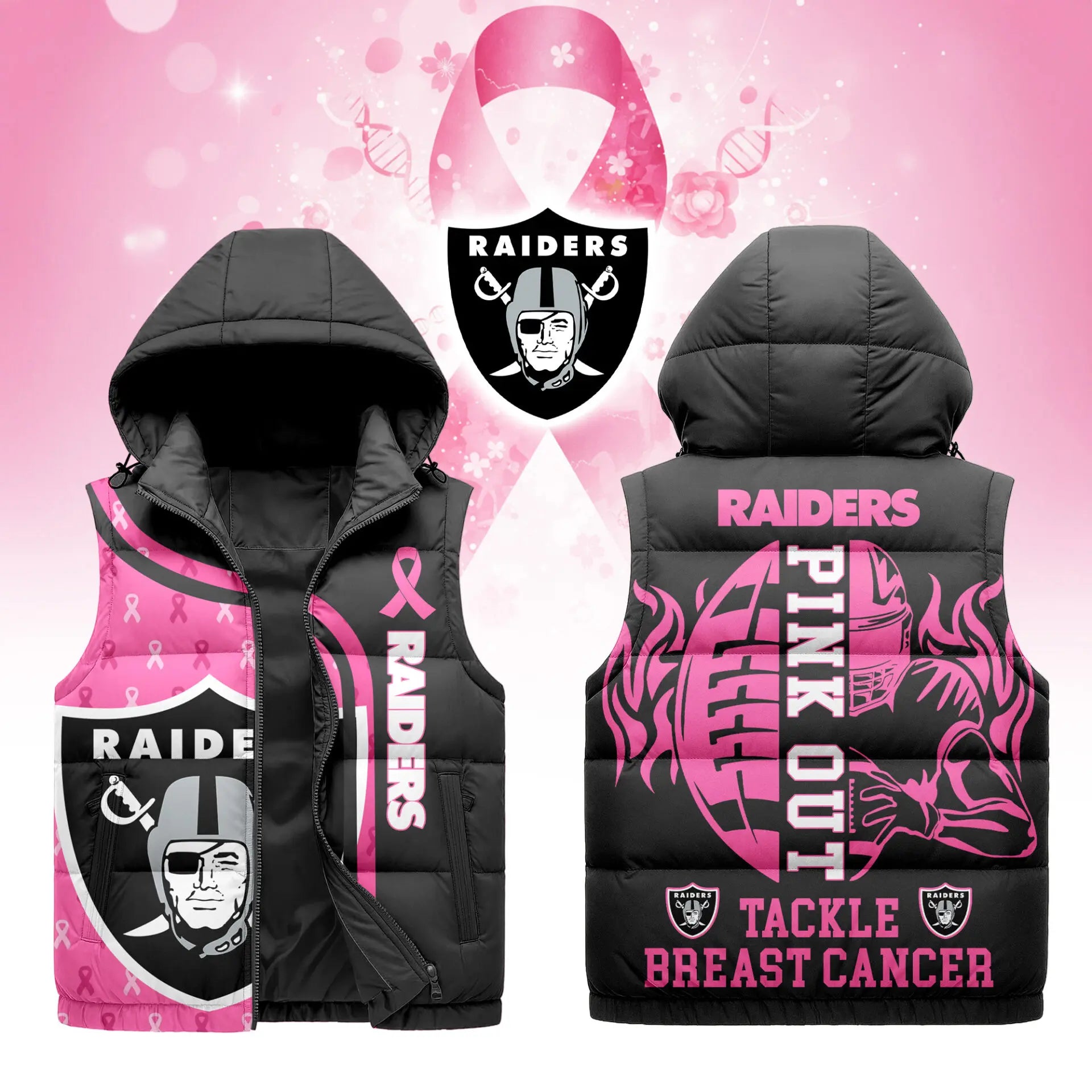 Las Vegas Raiders | Premium NFL Pink Out Hooded Vest Puffer – HuddleStyle.com - Main