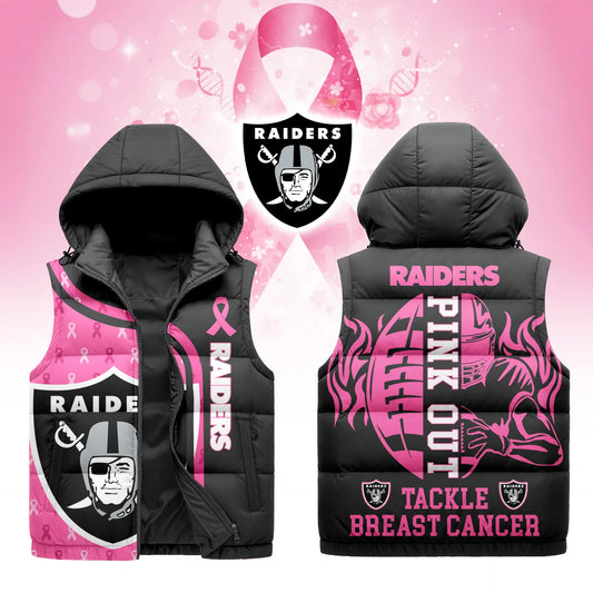 Las Vegas Raiders | Premium NFL Pink Out Hooded Vest Puffer – HuddleStyle.com - Main