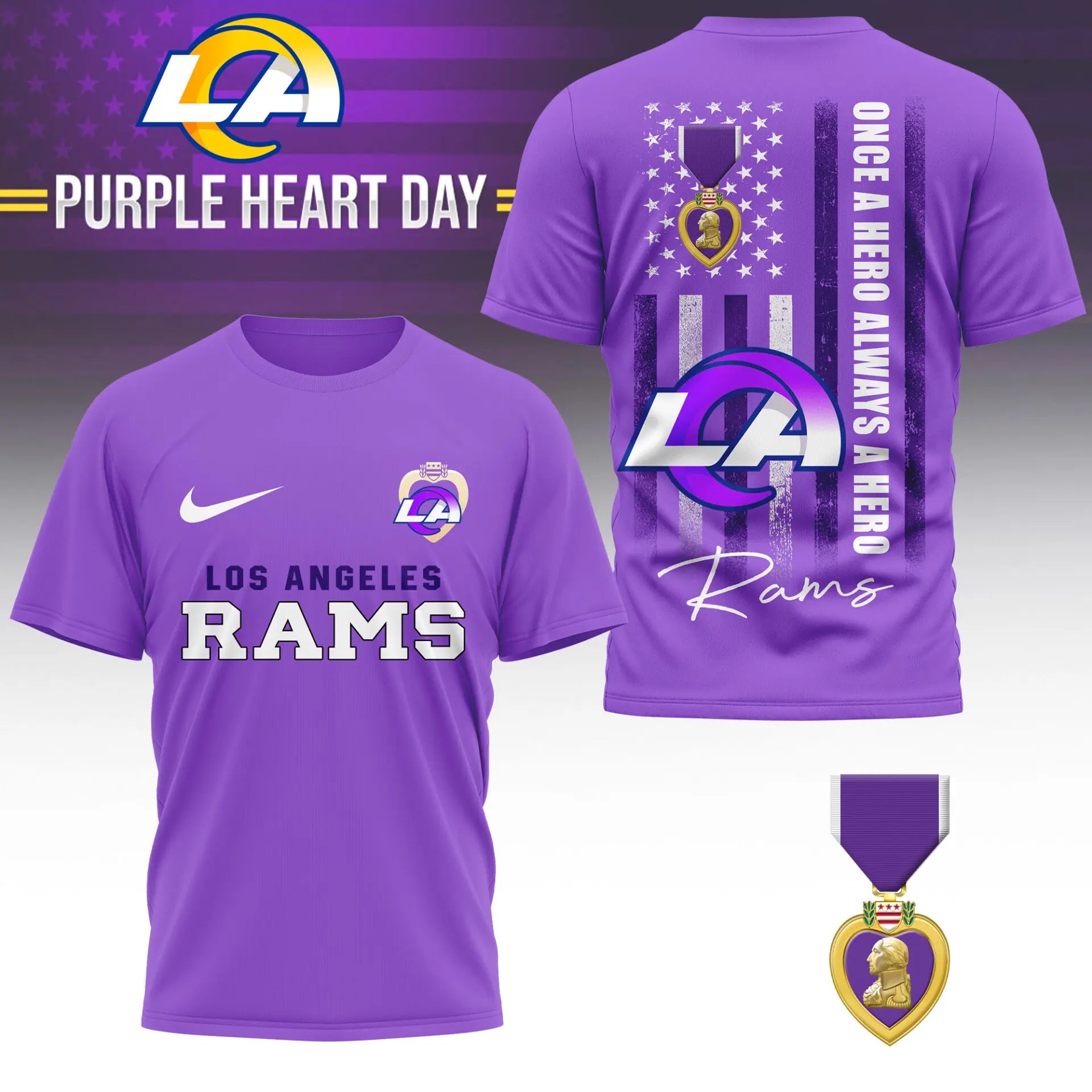 Los Angeles Rams | Premium NFL Premium National Purple Heart Day 3D Shirt HI – HuddleStyle.com - Image 3