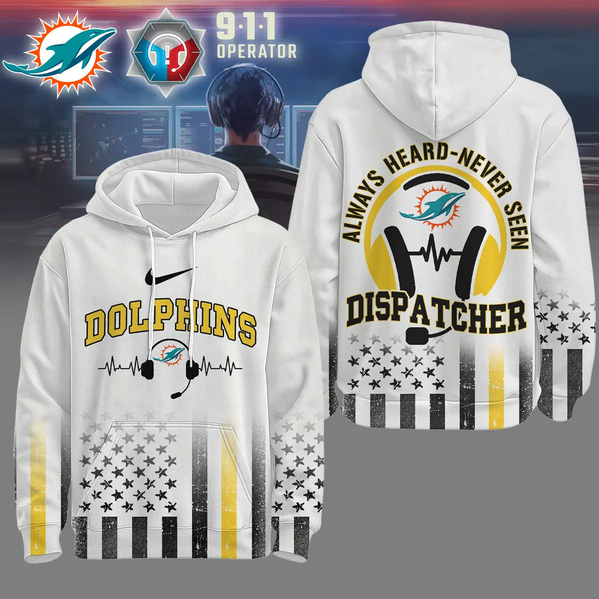 Miami Dolphins | Premium NFL Dispatcher Fan Hoodie – HuddleStyle.com - Main