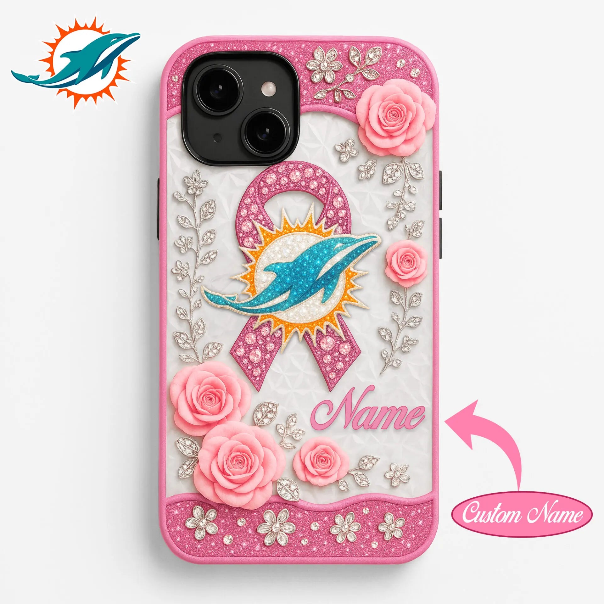 Miami Dolphins | Premium NFL Breast Cancer Phonecase HI – HuddleStyle.com - Image 2