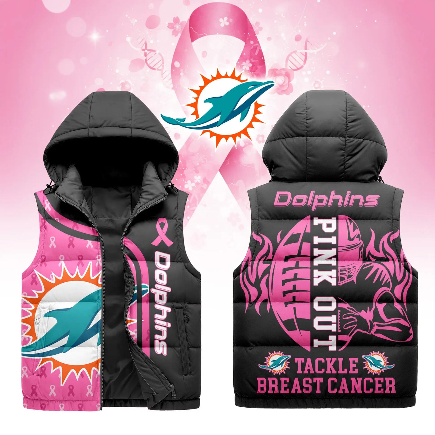 Miami Dolphins | Premium NFL Pink Out Hooded Vest Puffer – HuddleStyle.com - Main