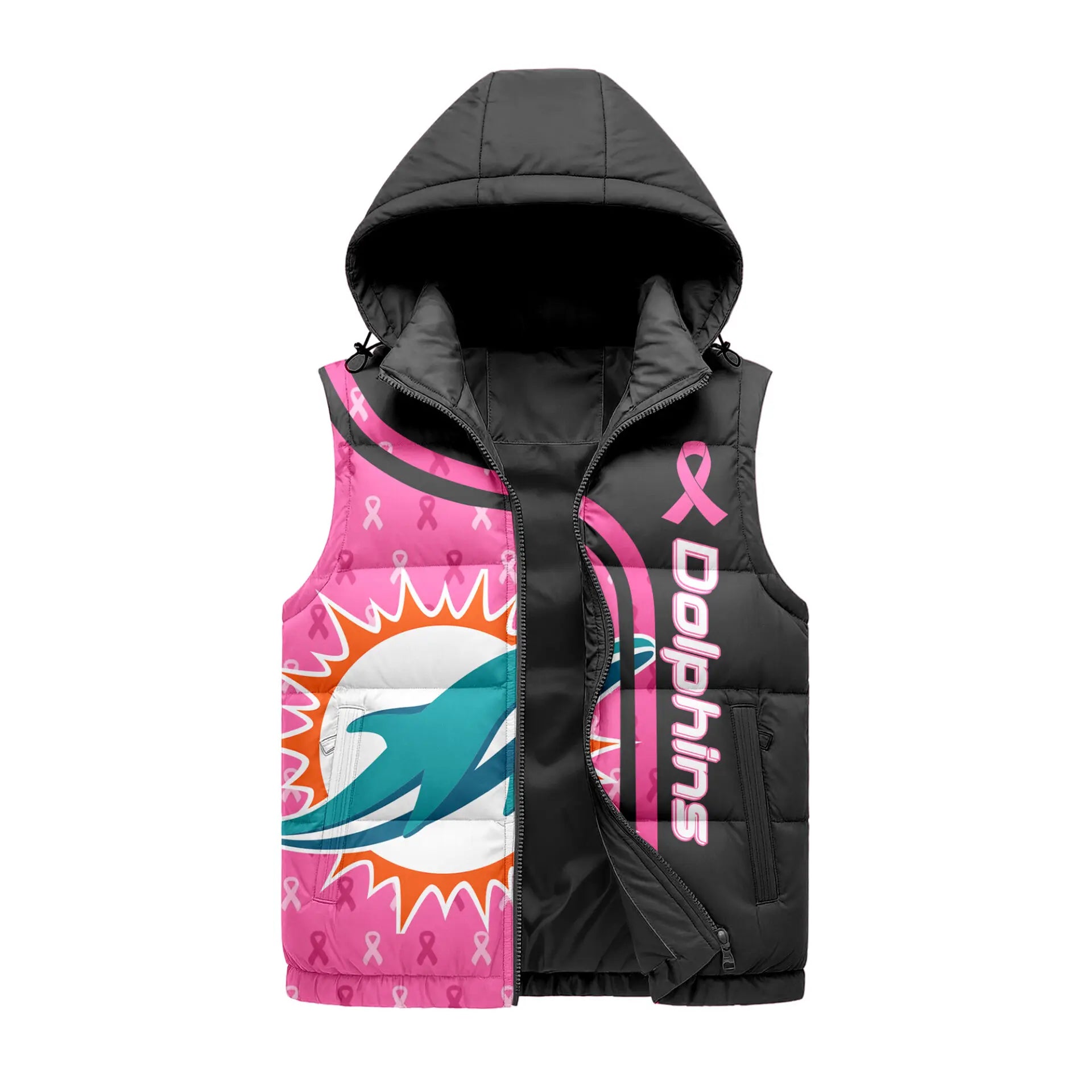 Miami Dolphins | Premium NFL Pink Out Hooded Vest Puffer – HuddleStyle.com - Image 2