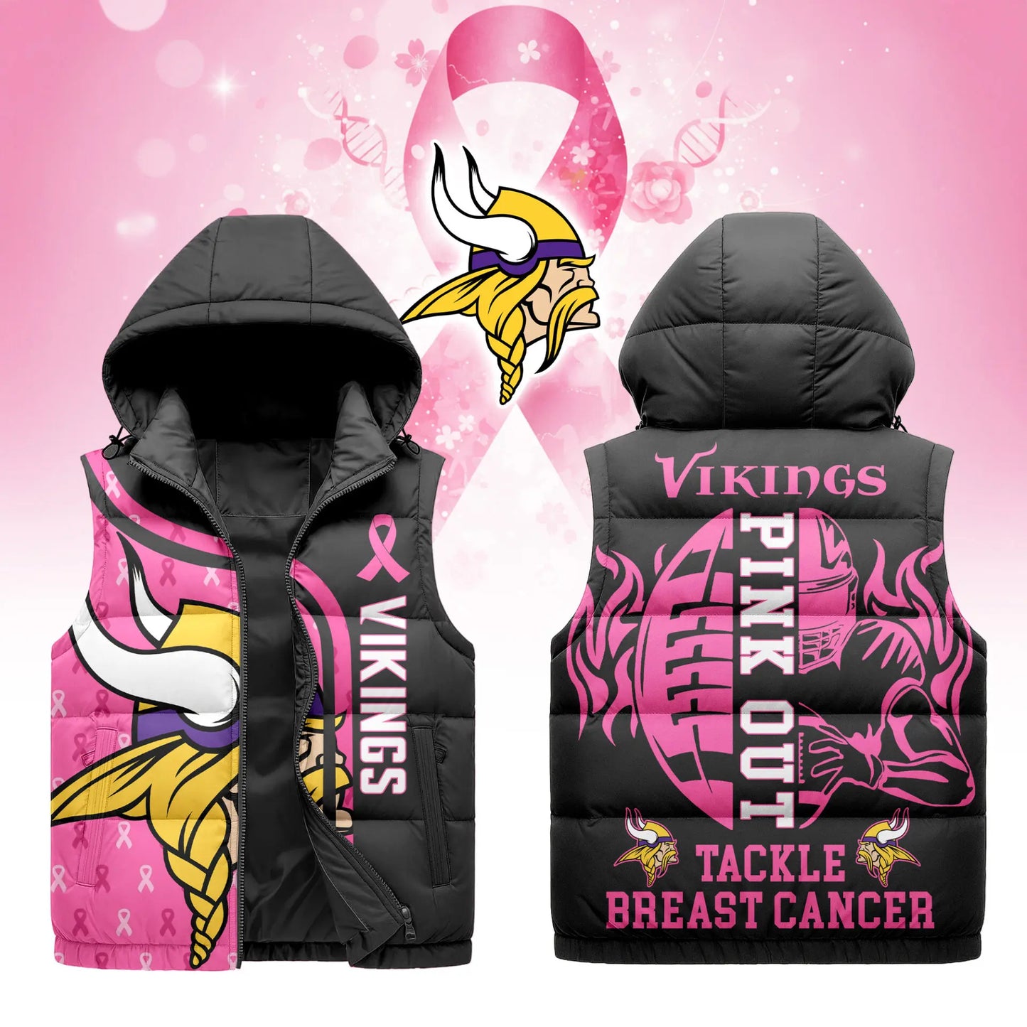 Minnesota Vikings | Premium NFL Pink Out Hooded Vest Puffer – HuddleStyle.com - Main