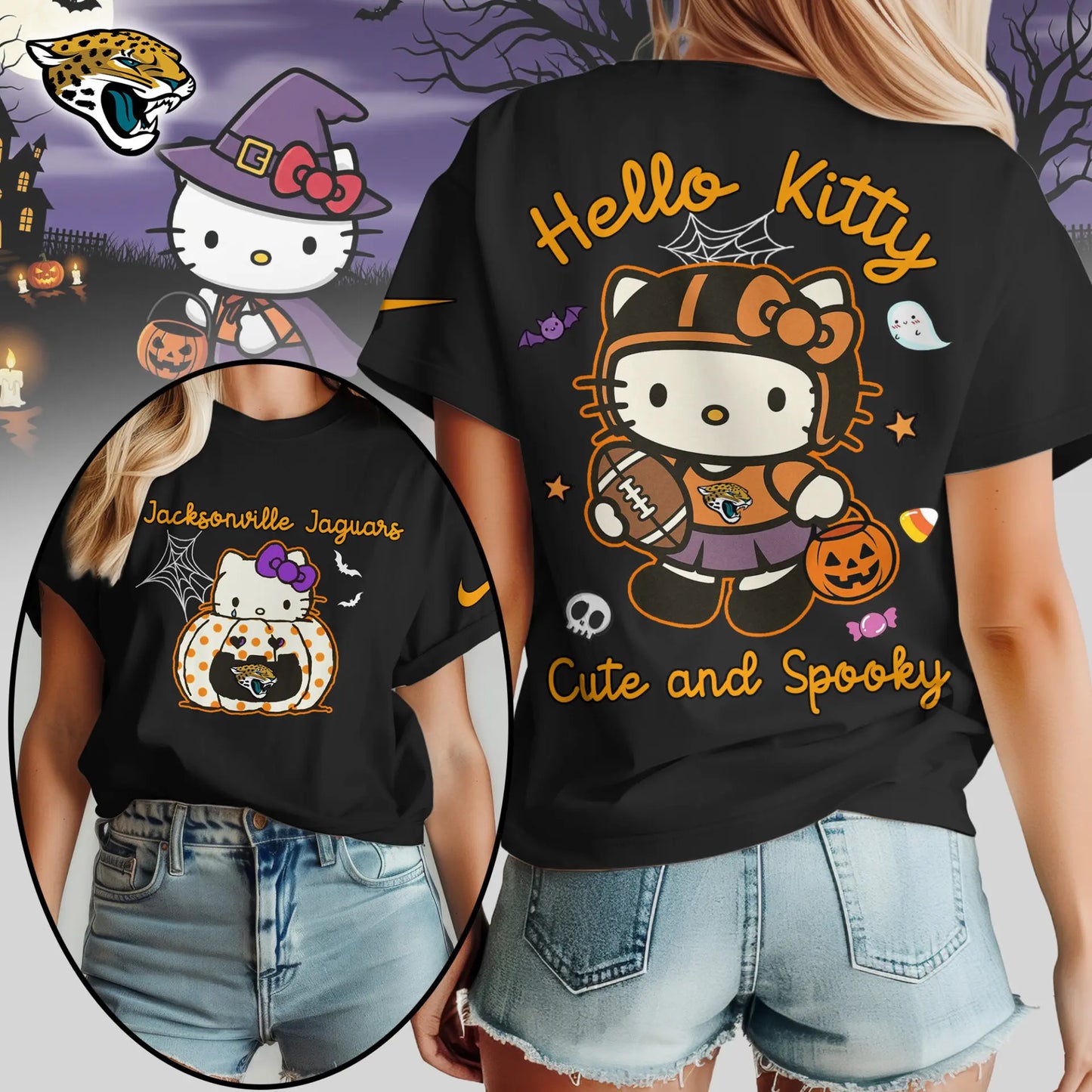 Jacksonville Jaguars | Premium NFL Hello Kitty Cute And Spooky Halloween Women Shirt NY – HuddleStyle.com - Image 2