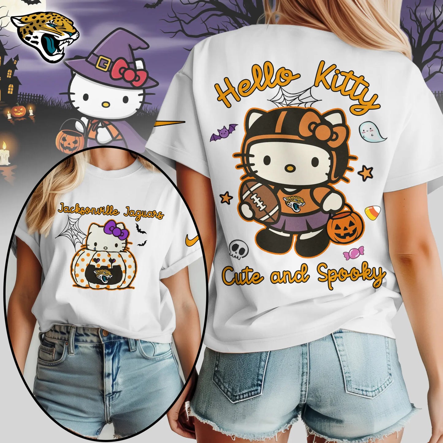 Jacksonville Jaguars | Premium NFL Hello Kitty Cute And Spooky Halloween Women Shirt NY – HuddleStyle.com - Image 3