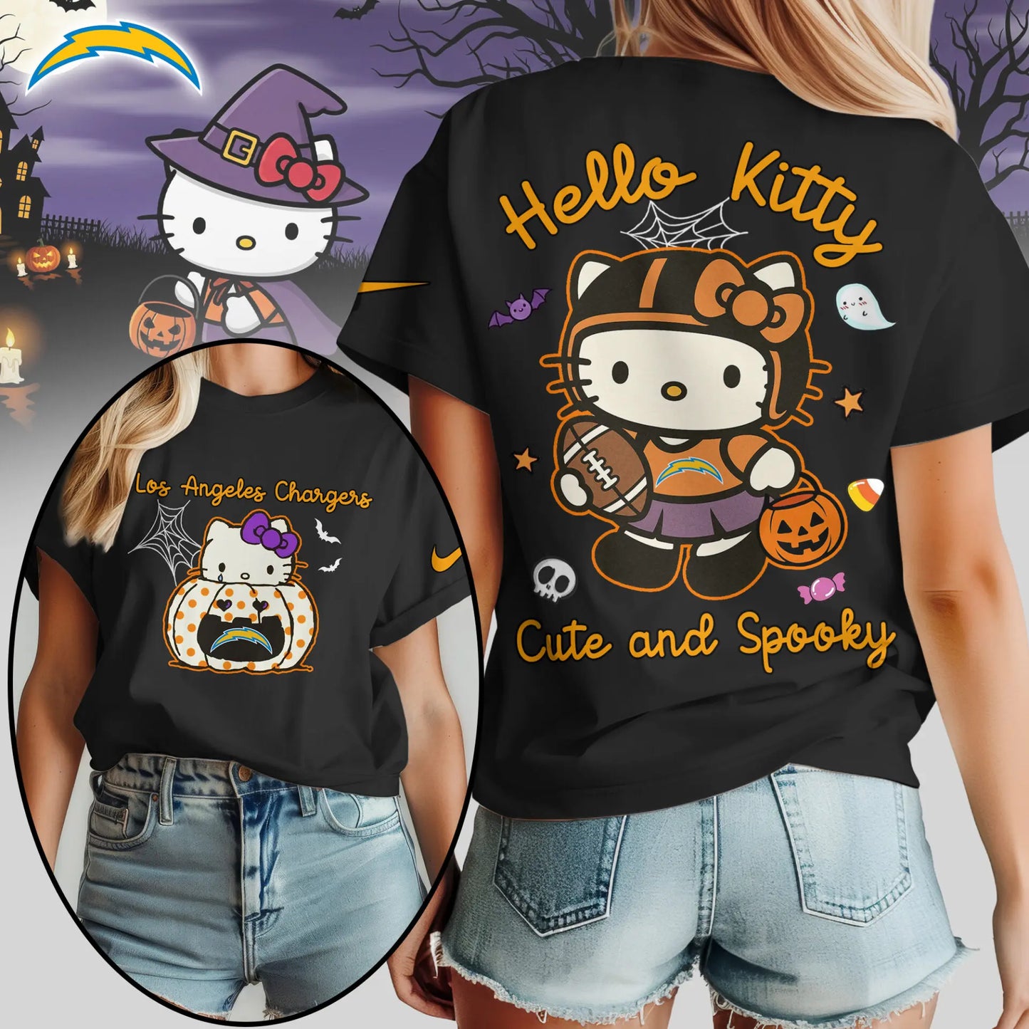 Los Angeles Chargers | Premium NFL Hello Kitty Cute And Spooky Halloween Women Shirt NY – HuddleStyle.com - Image 2