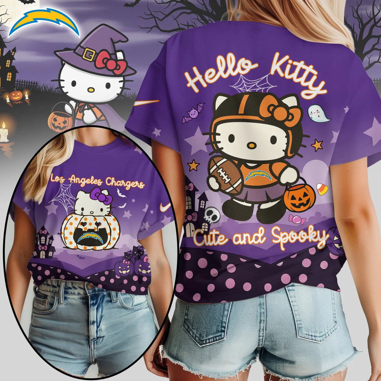 Los Angeles Chargers | Premium NFL Hello Kitty Cute And Spooky Halloween Women Shirt NY – HuddleStyle.com - Main