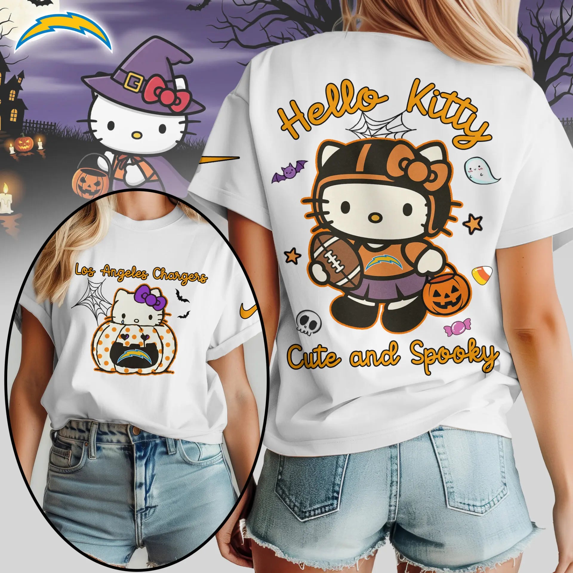 Los Angeles Chargers | Premium NFL Hello Kitty Cute And Spooky Halloween Women Shirt NY – HuddleStyle.com - Image 3