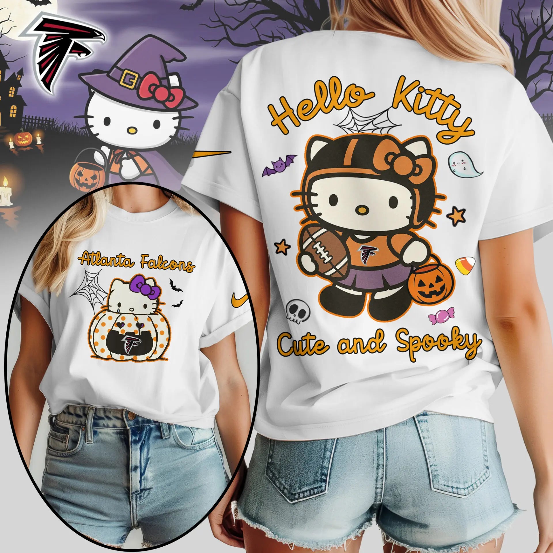 Atlanta Falcons | Premium NFL Hello Kitty Cute And Spooky Halloween Women Shirt NY – HuddleStyle.com - Image 3