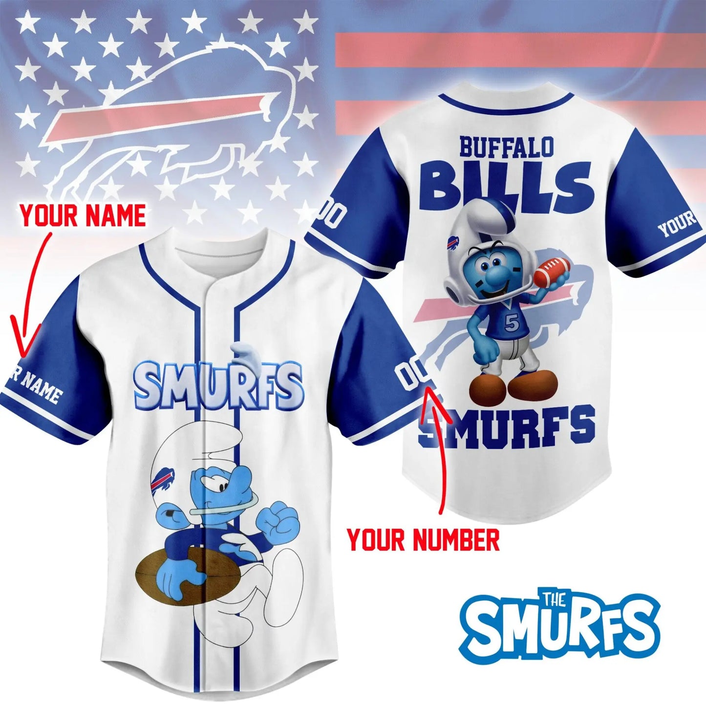 Buffalo Bills | Premium NFL x Smurfs Jersey NY – HuddleStyle.com - Image 2